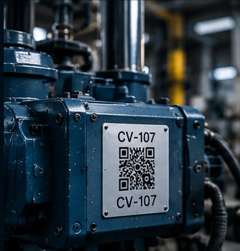 Technician working by a machine with mobile access to maintenance information