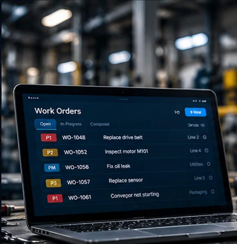 Organized maintenance workspace with work tracking context