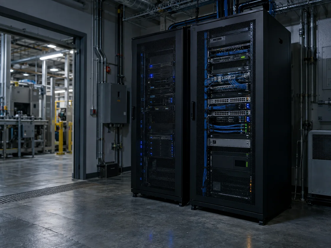Self-hosted server racks in an industrial IT room