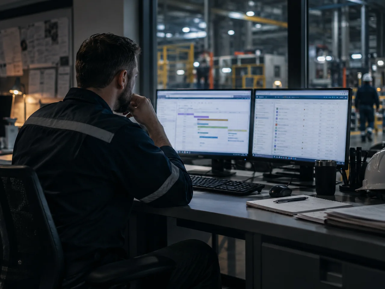 Maintenance planner reviewing work at a workstation