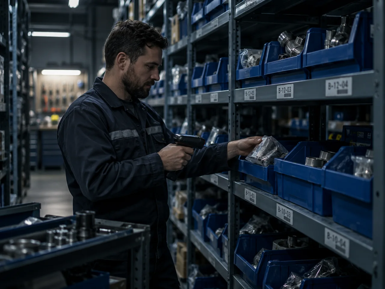 Storekeeper working in an industrial spare parts storeroom